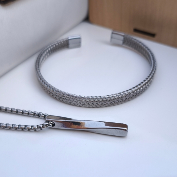 خرید ست بنگل و گردنبند پسرانه استیل رنگ ثابت شیک