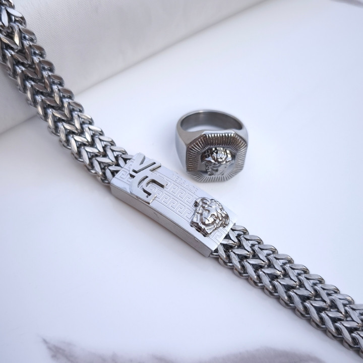 خرید ست انگشتر و دستبند مردانه ورساچه شیک رنگ ثابت نقره ای