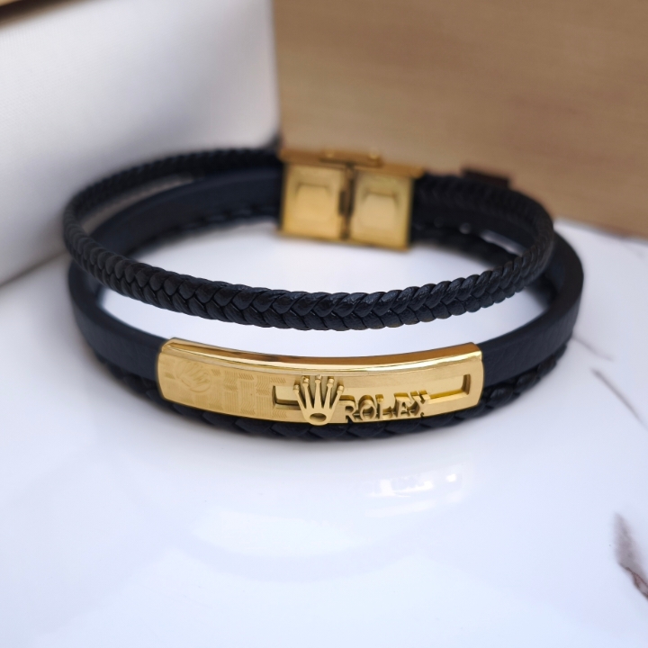 خرید دستبند رولکس مردانه چرمی سه دور مشکی شیک