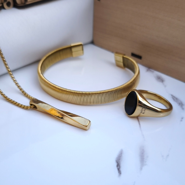 خرید ست دستبند انگشتر گردنبند مردانه طلایی استیل رنگ ثابت شیک