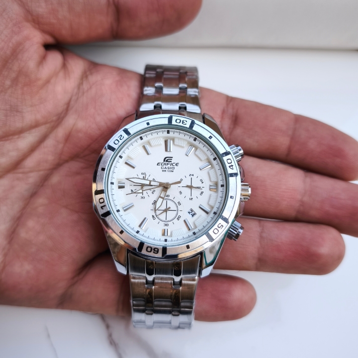 خرید ساعت کادویی مردانه استیل رنگ ثابت نقره ای صفحه سفید کاسیو ادیفایس