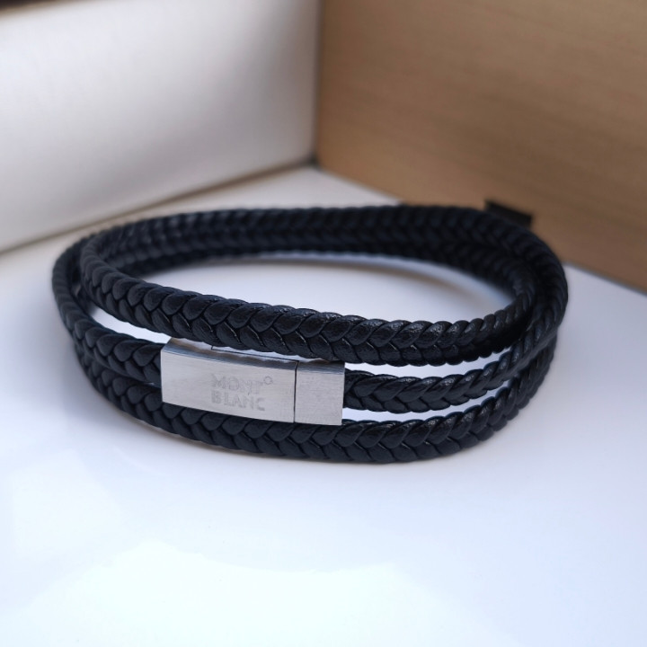 خرید دستبند مردانه چرمی مونت بلانک مشکی سه دور