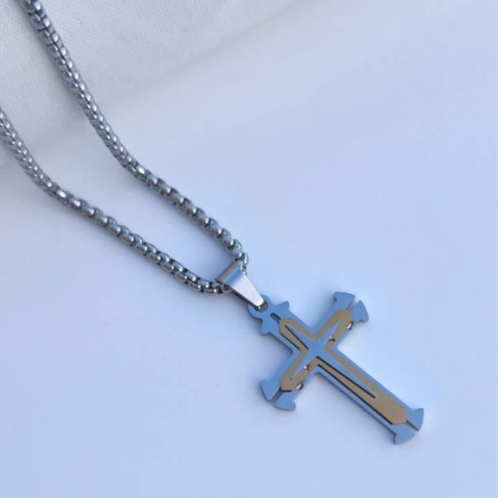 خرید صلیب مردانه طلایی نقره ای همراه زنجیر ویتالی