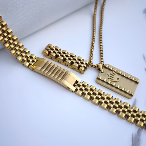 خرید ست دستبند انگشتر گردنبند طلایی مردانه رولکس استیل رنگ ثابت