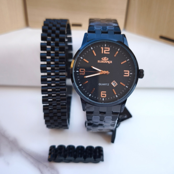 خرید ست ساعت دستبند انگشتر مردانه مشکی الگانس استیل رنگ ثابت شیک