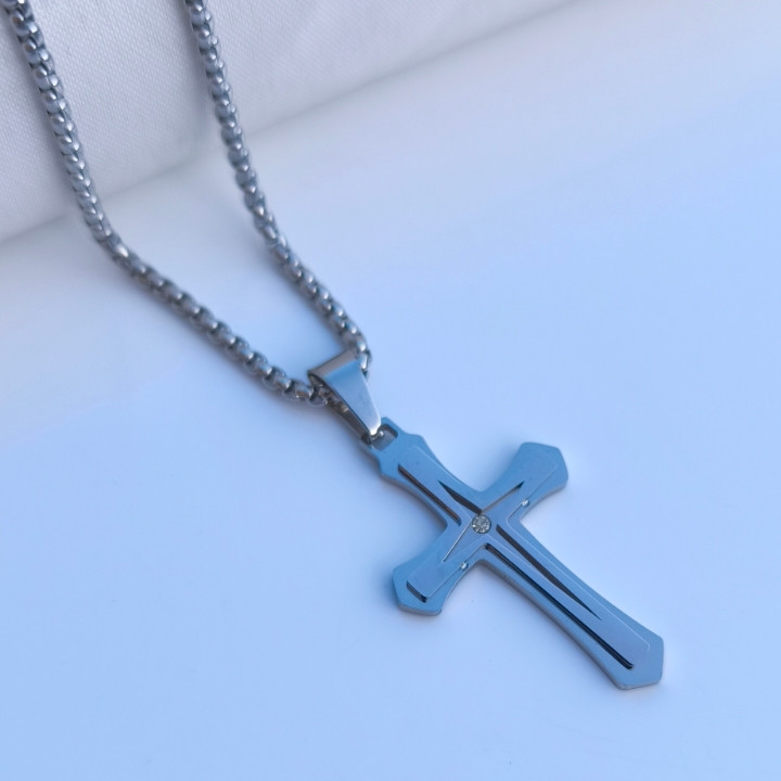 خرید گردنبند صلیب استیل رنگ ثابت نقره ای ارزان شیک