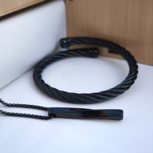 خرید ست بنگل و گردنبند مردانه مشکی استیل رنگ ثابت شیک ارزان