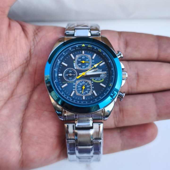 خرید ساعت مردانه سه موتوره سیتیزن نقره ای رنگ ثابت استیل