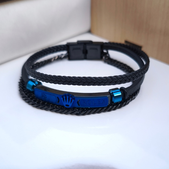 خرید دستبند چرمی مردانه پهن مشکی سه ردیفه مناسب کادو