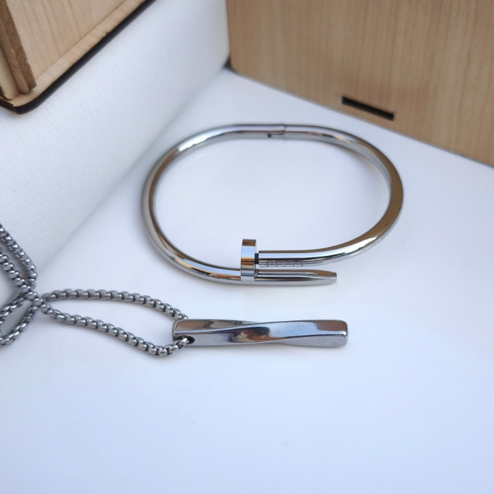 خرید ست گردنبند و دستبند مردانه نقره ای استیل رنگ ثابت مناسب کادو