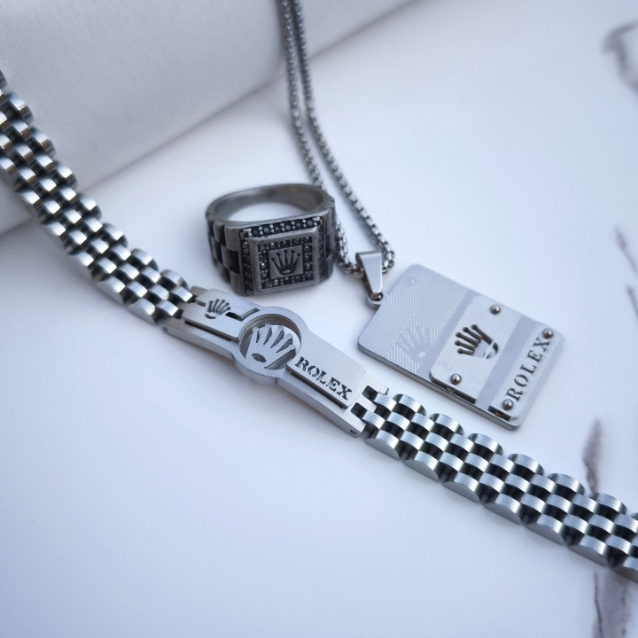 خرید ست دستبند انگشتر گردنبند مردانه رولکس نقره ای استیل رنگ ثابت شیک
