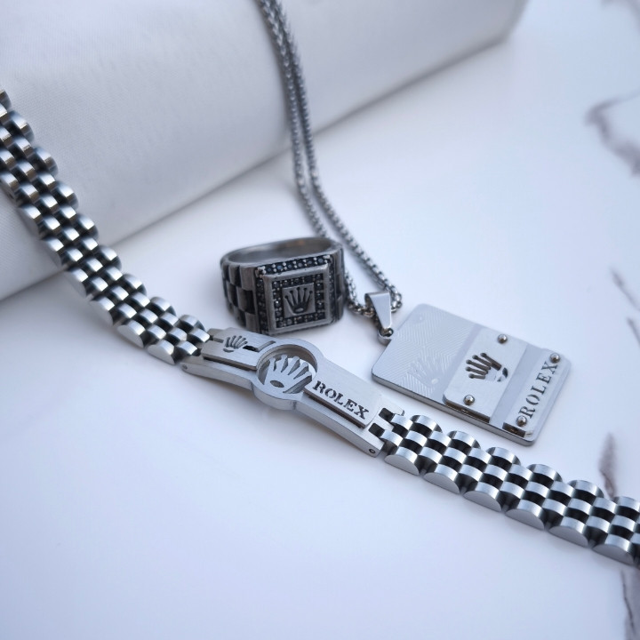 خرید ست گردنبند دستبند انگشتر مردانه رنگ ثابت شیک ارزان رولکس