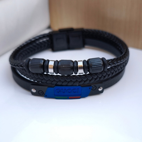 خرید دستبند چرمی مردانه سه ردیفه مشکی گوچی شیک ارزان