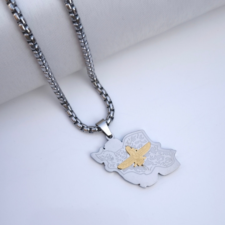 خرید پلاک نقشه ایران و هخامنشی استیل نقره ای رنگ ثابت شیک