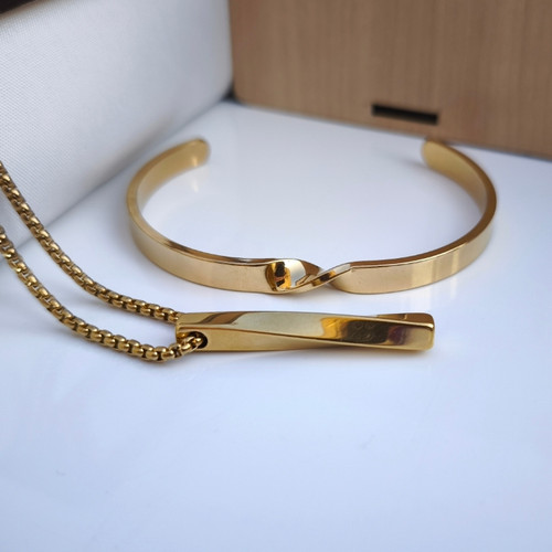 خرید ست دستبند گردنبند طلایی پسرانه استیل رنگ ثابت شیک ارزان