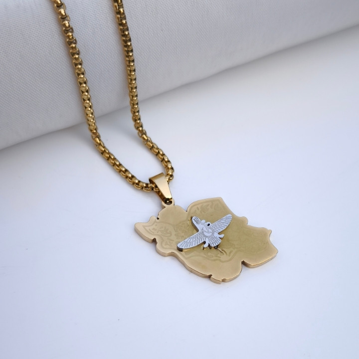 خرید پلاک نقشه ایران با طرح فروهر استیل طلایی رنگ ثابت شیک