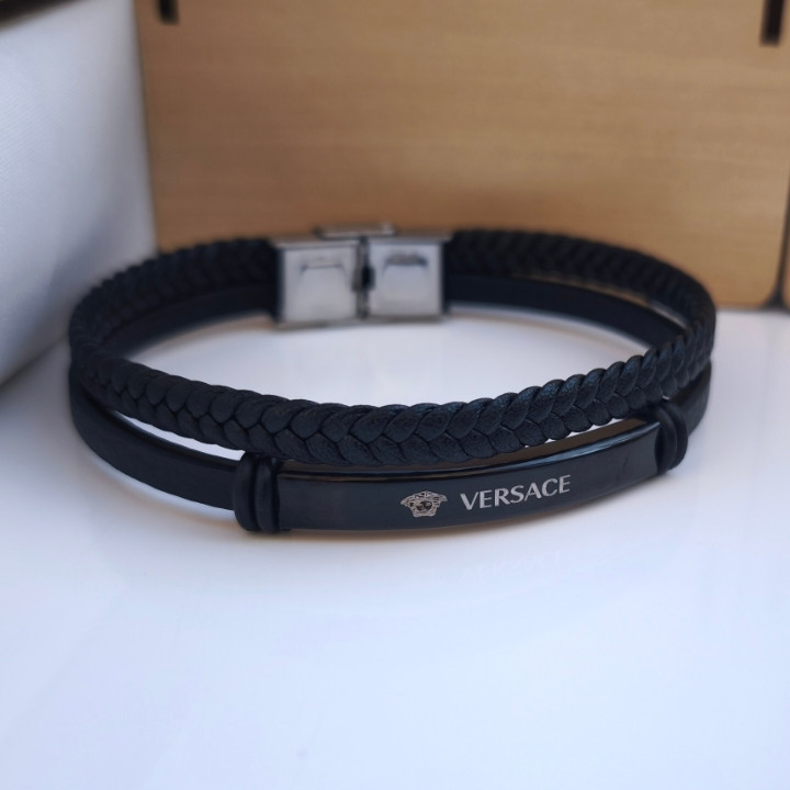 خرید دستبند چرمی پسرانه دو ردیفه ورساچه مشکی