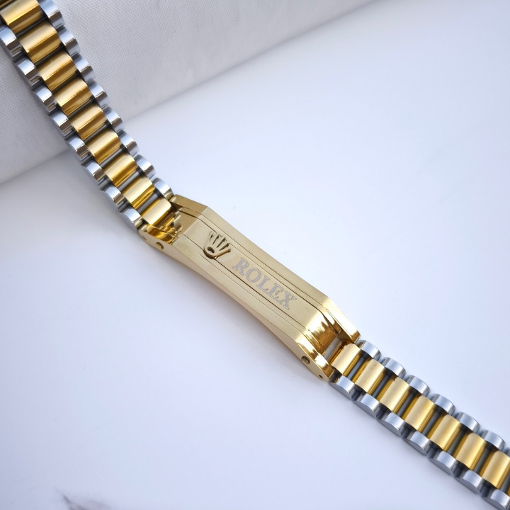 خرید دستبند مردانه طلایی نقره ای رولکس استیل رنگ ثابت شیک ارزان