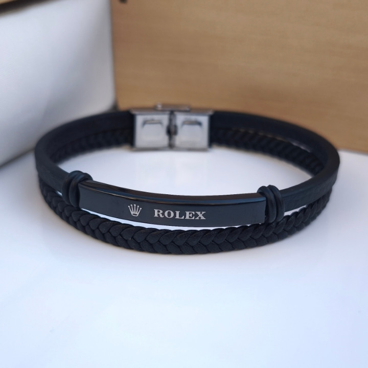خرید دستبند رولکس چرمی مردانه دو دور مشکی شیک ارزان