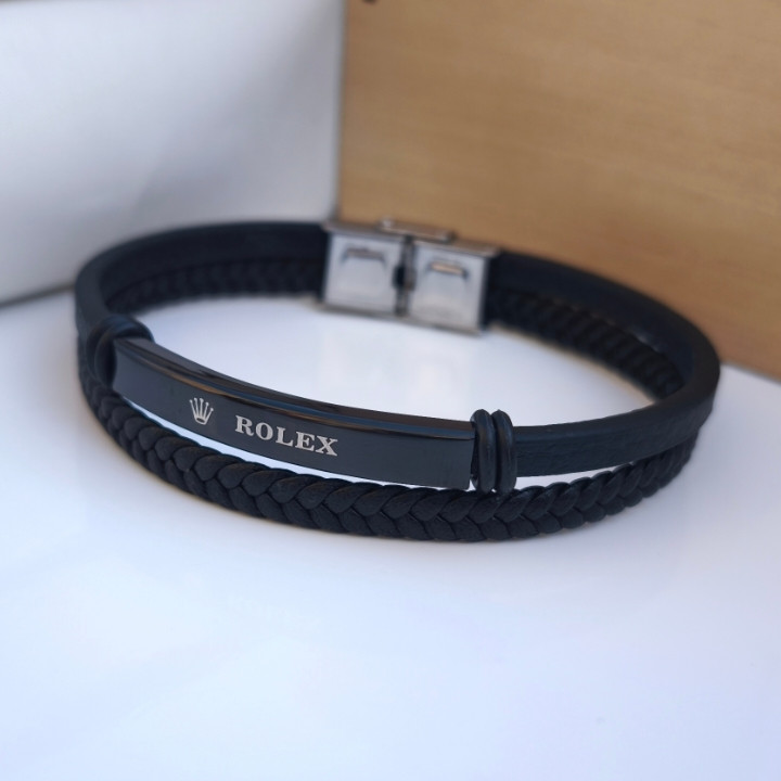 خرید دستبند مردانه چرمی رولکس مشکی ارزان شیک