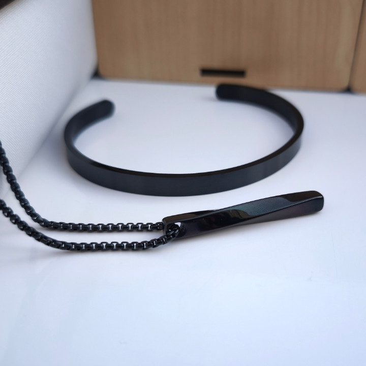 خرید ست بنگل گردنبند مردانه مشکی استیل رنگ ثابت شیک ارزان مناسب کادو