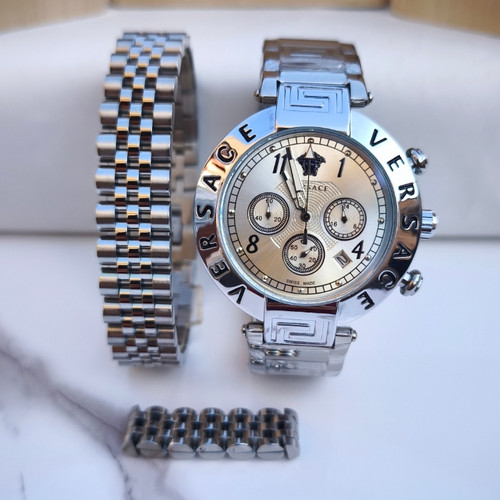 خرید ست ساعت دستبند انگشتر مردانه ورساچه نقره ای استیل رنگ ثابت شیک