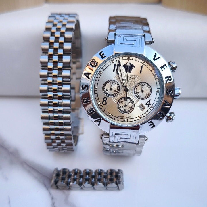 خرید ست ساعت دستبند انگشتر مردانه ورساچه نقره ای استیل رنگ ثابت شیک