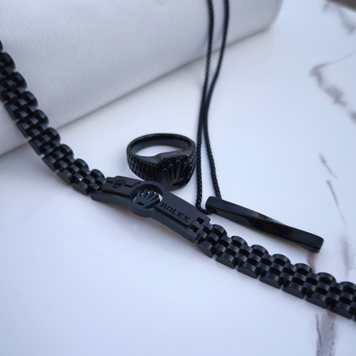 خرید ست دستبند گردنبند انگشتر مشکی رولکس مردانه استیل رنگ ثابت شیک ارزان