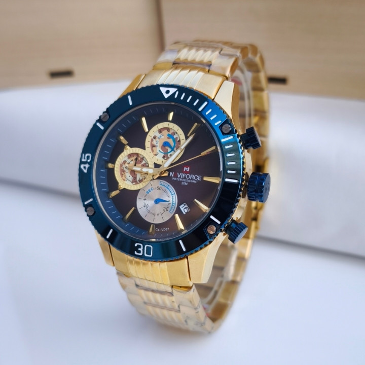 خرید ساعت مردانه طلایی سه موتوره کرنوگراف ناوی فورس شیک