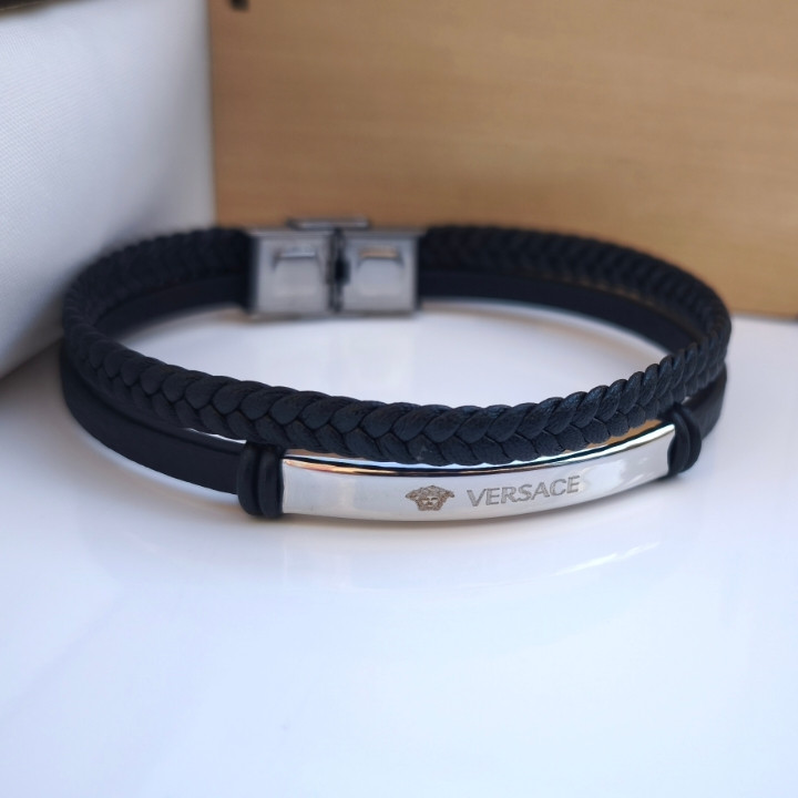 خرید دستبند پسرانه چرمی ورساچه دو ردیفه مشکی شیک قیمت مناسب