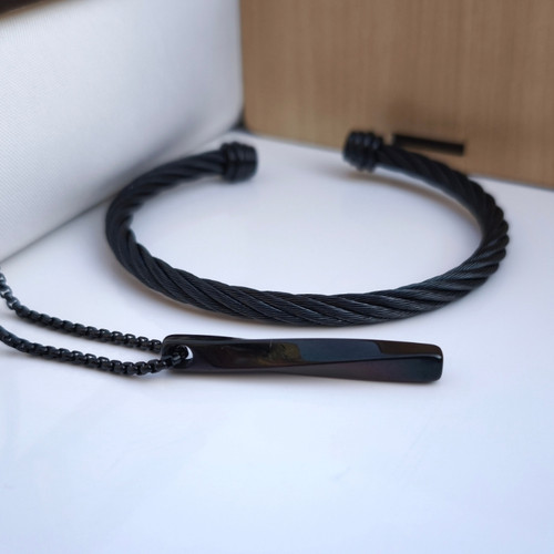 خرید ست بنگل و گردنبند پسرانه مشکی استیل رنگ ثابت شیک ارزان