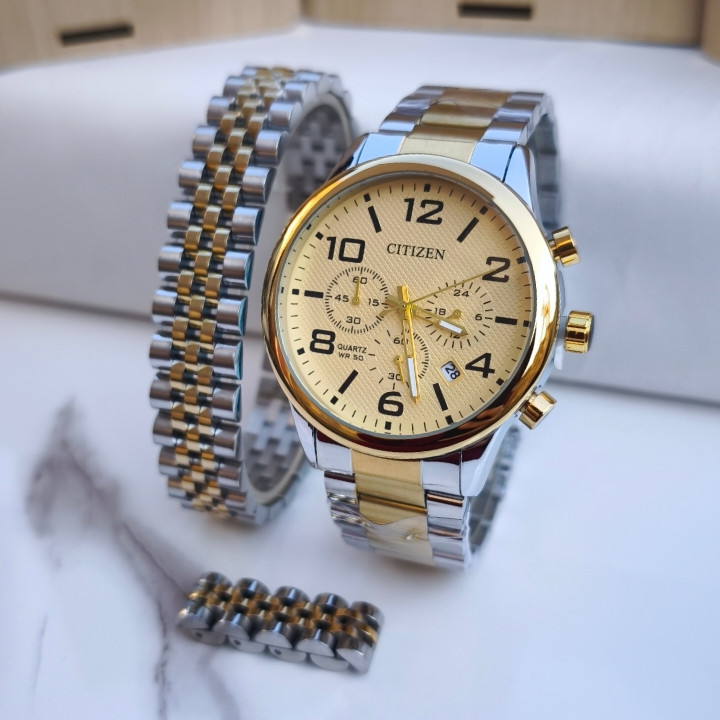 خرید ست ساعت انگشتر دستبند مردانه دو رنگ استیل شیک ارزان