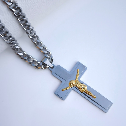 خرید گردنبند صلیب بزرگ استیل مردانه رنگ ثابت شیک ارزان