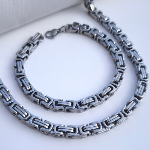 خرید ست گردنبند و دستبند مردانه بیزانس نقره ای استیل رنگ ثابت شیک ارزان