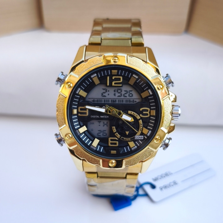 خرید ساعت عقربه ای دیجیتالی مردانه طلایی استیل شیک مناسب کادو
