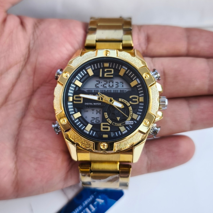 خرید ساعت مردانه دو زمانه عقربه ای دیجیتالی طلایی استیل رنگ ثابت قیمت مناسب