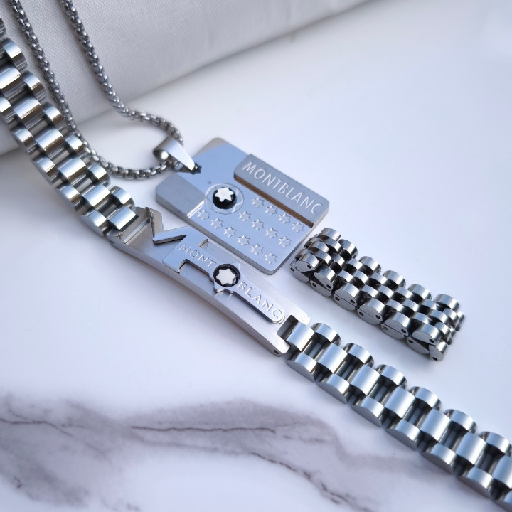 خرید ست گردنبند دستبند انگشتر مردانه شیک رنگ ثابت مونبلان استیل ارزان