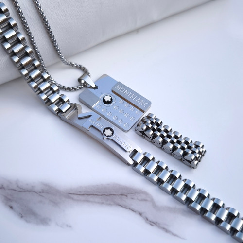 خرید ست دستبند انگشتر گردنبند مردانه مونتبلانک نقره ای استیل رنگ ثابت شیک قیمت مناسب