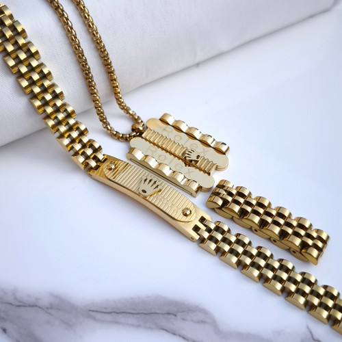 خرید ست دستبند گردنبند انگشتز مردانه طلایی رولکس استیل رنگ ثابت شیک ارزان مناسب هدیه