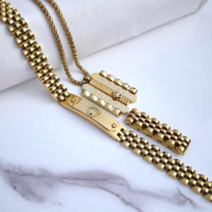 خرید ست انگشتر دستبند گردنبند مردانه رولکس طلایی شیک ارزان رنگ ثابت