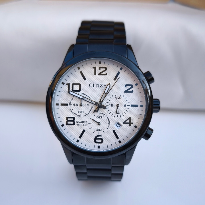 خرید ساعت سیتیزن مردانه مشکی سه موتوره کرنوگراف استیل رتگ ثابت