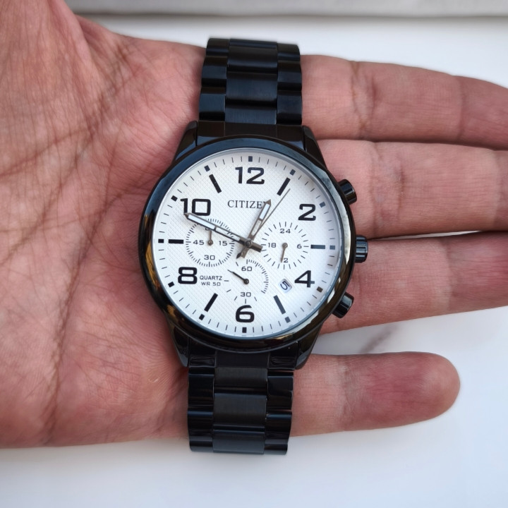 خرید ساعت مردانه سیتیزن مشکی سه موتور کرنوگراف استیل رنگ ثابت شیک ارزان