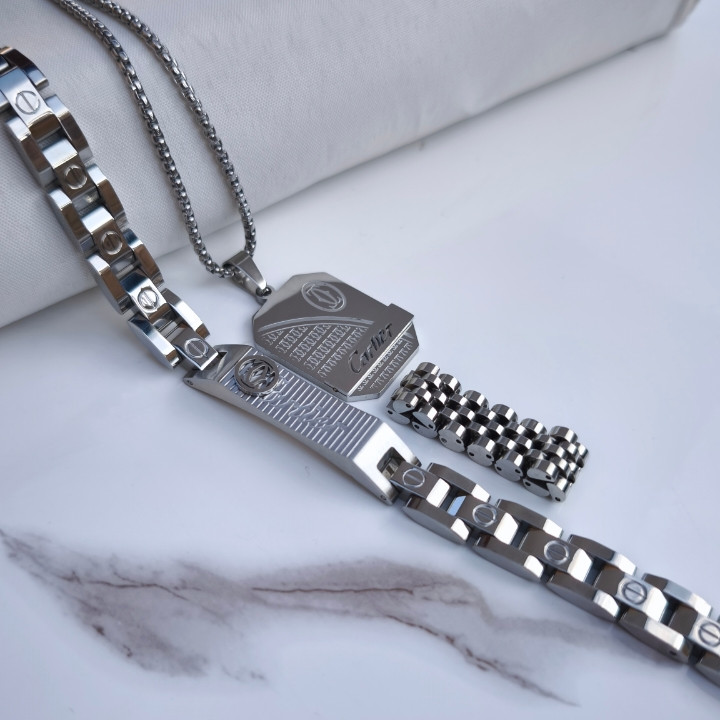 خرید ست دستبند انگشتر گردنبند مردانه کارتیر استیل رنگ ثابت شیک ارزان