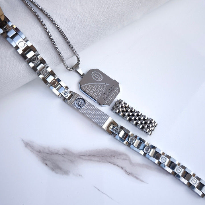 خرید ست گردنبند انگشتر دستبند کارتیه نقره ای مردانه شیک مناسب کادو