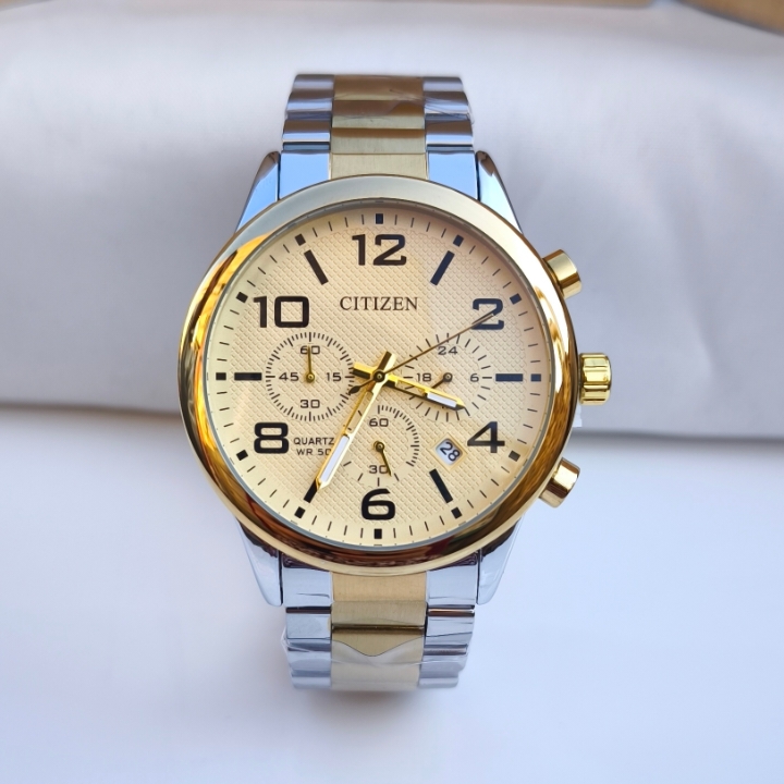 ساعت سیتیزن مردانه سه موتور طلایی نقره ای استیل
