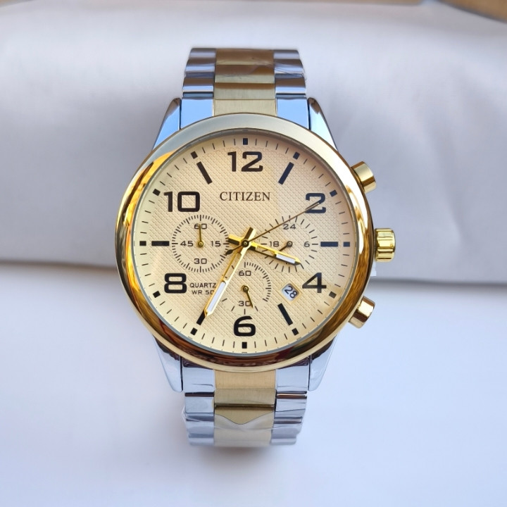 خرید ساعت مردانه سه موتور سیتیزن طلایی نقره ای استیل رنگ ثابت شیک