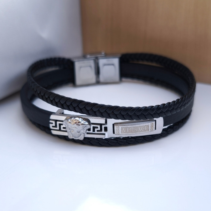 خرید دستبند چرمی مردانه مشکی سه دور شیک ارزان