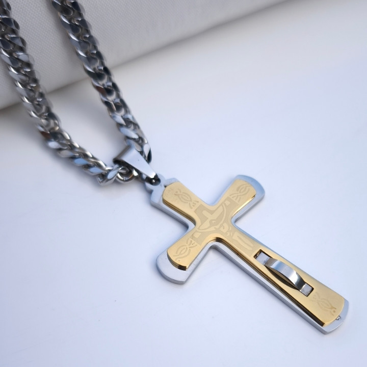 خرید گردنبند صلیب مردانه دو رنگ استیل رنگ ثابت شیک قیمت مناسب