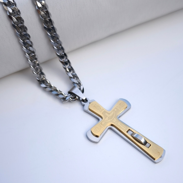 خرید گردنبند صلیب مردانه استیل رنگ ثابت شیک ارزان مناسب کادو
