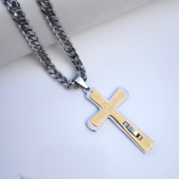 خرید گردنبند صلیب مردانه بزرگ همراه زنجیر کارتیر استیل رنگ ثابت شیک ارزان